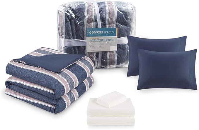 Comfort Spaces Bed in A Bag Comforter Set - College Dorm Room Essentials for Boys Men Bedding, Complete Dormitory Bedroom Pack And Sheet with 2 Side Pockets, King, Stripes Navy/Red