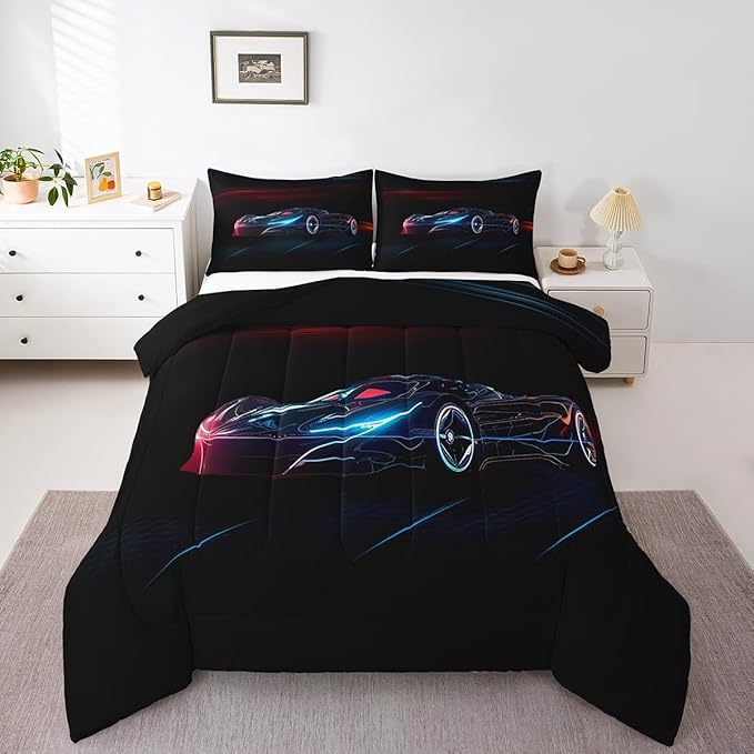 Feelyou Red Blue Race Car Bedding Set Twin Size for Kids Boys Extreme Sport Games Comforter Set Teens Toddler Fast and Furious Duvet Set Cool Modern Quilt Set 2Pcs