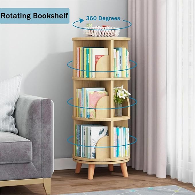 Gdrasuya10 3 Tier Rotating Bookshelf with Legs, Revolving Bookcase Standing Small Bookshelf Storage Wood Bookcase 360 Display Book Shelf Easy Assemble for Bedroom Study Room