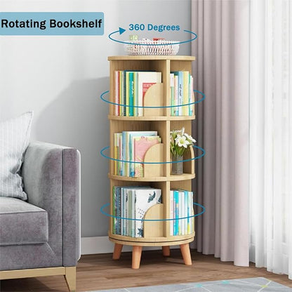 Gdrasuya10 3 Tier Rotating Bookshelf with Legs, Revolving Bookcase Standing Small Bookshelf Storage Wood Bookcase 360 Display Book Shelf Easy Assemble for Bedroom Study Room