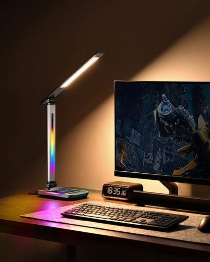 WILIT LED RGB Gaming Desk Lamp, Voice Activated Changing Colors Rhythm Light with Wireless Charger and USB Charging Port, Colorful Ambient Light Touch Table Lamp for Gaming, PC, Room Decoration
