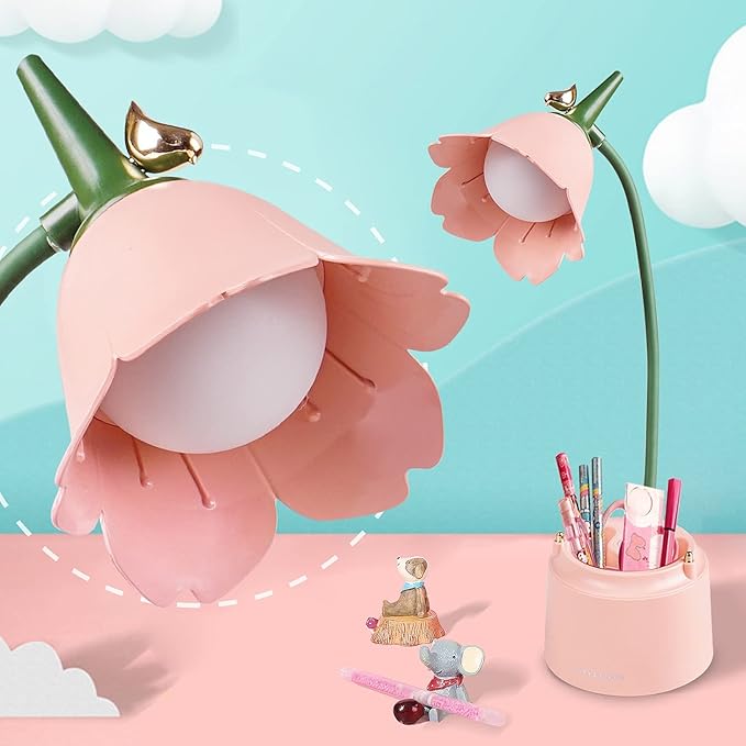 Neporal Small Desk Lamp, Rechargeable LED Desk Lamp Touch Control with 360° Bendable Adjustable Neck, Kawaii Room Accessories, Dimmable Cute Desk Lamp, Pink