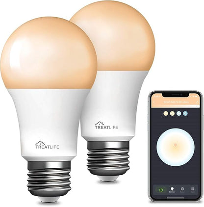 TREATLIFE Smart Light Bulbs, WiFi LED Light Bulb, Dimmable Smart Bulb Works with Alexa, Google Home, SmartThings, Warm White& Cool White(2700K-6500K), 2.4Ghz, 800LM, E26, A19, 9W, No Hub Required