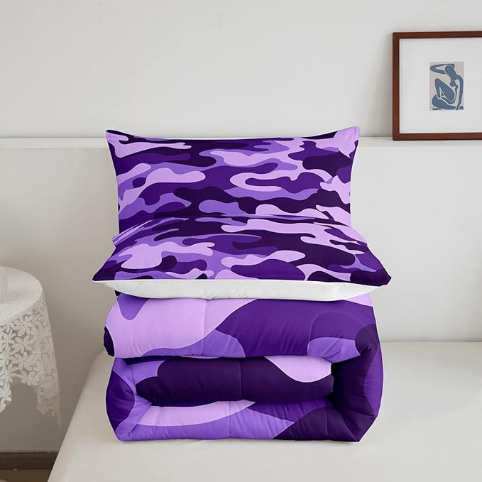 Full Size Camouflage Comforter Set 3Pcs Kids Bedding Set for Boys Girls Teens 1 Comforter & 2 Pillowcases(Full,Purple) Boys