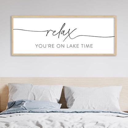 SRSZHIYUE Relax You're On Lake Time Wall Decor Above Bed Sign 32"×12" for Lake House Bedroom Over Bed Large Wood Framed Hanging Art (Wood)