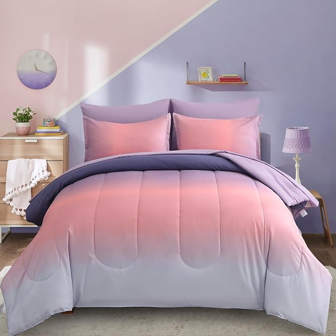 Dinjoy Girls Comforter Set Queen Size Colorful Rainbow Ombre Pink Purple Light Blue Bedding Set Gradient 7 Pieces Bed in A Bag for Kids Teen Women(1 Comforter, 1 Flat Sheet, 1 Fitted Sheet)