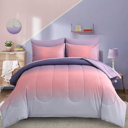 Dinjoy Girls Comforter Set Twin XL Size Rainbow Ombre Pink Purple Light Blue Bedding Set Gradient 6 Pieces Bed in A Bag for Kids Teen Women(1 Comforter, 1 Flat Sheet, 1 Fitted Sheet)