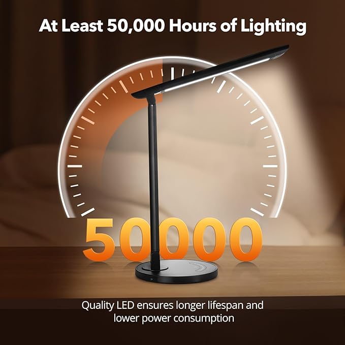 LED Desk Lamp, Metal Desk Light 12W 550lm, Dimmable Touch Control Lamp with USB Charging Port, Eye-Caring Desk Light with 5 Color Modes with 7 Brightness Levels, for Home, Office, School, Black