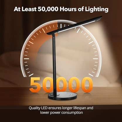 LED Desk Lamp, Metal Desk Light 12W 550lm, Dimmable Touch Control Lamp with USB Charging Port, Eye-Caring Desk Light with 5 Color Modes with 7 Brightness Levels, for Home, Office, School, Black