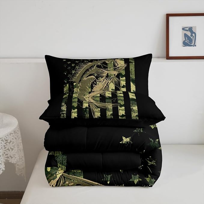Green Black Camouflage Comforter Set Fish Camo American Flag Bedding Set for Women Men Room Farmhouse Fishing Decor Comforter Wild Quilted Set 3Pcs Queen Size
