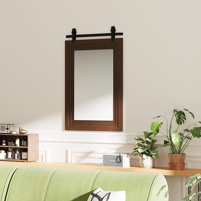 ALBAD Farmhouse Wood Framed Wall Mirror, Natural Wood and Framed Wall Mounted Bathroom Vanity Mirror for Farmhouse Decor, Vertical or Horizontal Hanging