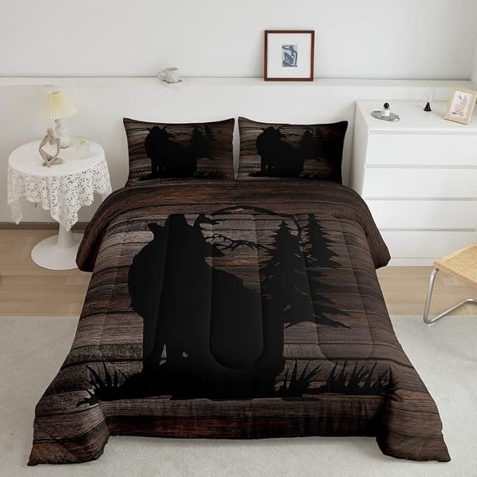 Cute Wolf Comforter Set for Girls Kids Wolves Howling Bedding Set Room DecorAnimal Wolves Tree Wood Grain Bedding Set Brown Black Duvet Set 3Pcs with 2 Pillow Case King Size Boys