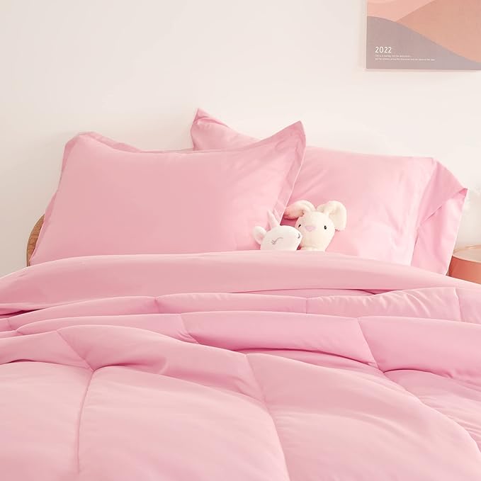 SLEEP ZONE Kids Bedding Comforter Set Full/Queen Size - Super Cute & Soft Kids Bedding 7 Pieces Set with Comforter, Sheet, Pillowcase & Sham (Ballet Pink Color)