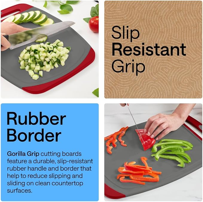 GORILLA GRIP BPA-Free Reversible Kitchen Cutting Board Set of 3, US Designed, Nonporous, Juice Grooves Catch Liquid, Slip Resistant Border, Dishwasher Safe, Durable Large Food Chopping Boards,Gray Red