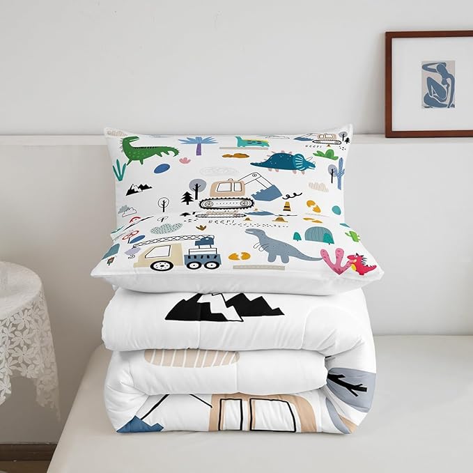 Erosebridal Construction Comforter Set Twin, Cute Dino Excavator Bedding for Kids Boys Girls, Cartoon Car Trucks Crane Equipment Bedding Comforter Sets, Green Blue Dinosaur Vehicles Duvet Insert