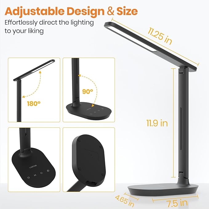 LASTAR Desk Lamp, Dimmable Eye-Protecting Table Lamps with Night Light, USB Charging Port, 4 Color Temperature Modes, 5 Brightness Levels, 1H Timer, Touch Control for Home Office Bedroom