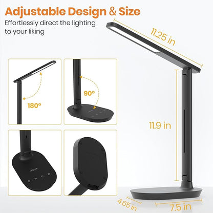 LASTAR Desk Lamp, Dimmable Eye-Protecting Table Lamps with Night Light, USB Charging Port, 4 Color Temperature Modes, 5 Brightness Levels, 1H Timer, Touch Control for Home Office Bedroom