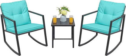 Greesum 3 Piece Rattan Patio Furniture Set with Rocking Chairs, Glass Table and SOLPEX 16 Pack Solar Deck Lights for Outdoor Stairs, Fence and Pathway