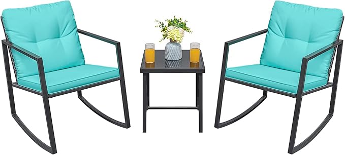 Greesum 3 Pieces Rocking Wicker Bistro Set, Patio Outdoor Furniture Conversation Sets with Porch Chairs and Glass Coffee Table, Blue