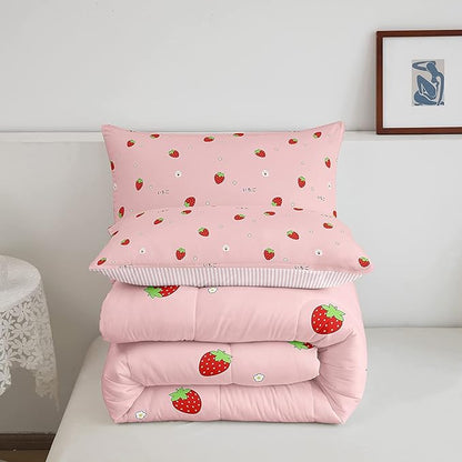 Girls Strawberry Comforter Set King Kawaii Strawberry Comforter for Kids Japanese Style Pink Cute Cartoon Fruit Food Theme Bedding Set Girly White Floral Down Comforter Reversible Soft Lightweight