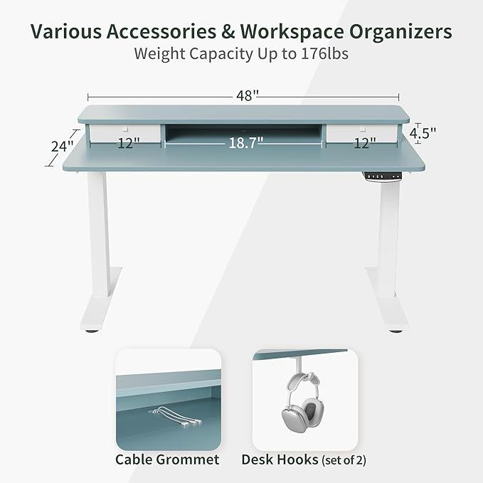FEZIBO 48 x 24 Inch Height Adjustable Electric Standing Desk with Double Drawer, Stand Up Desk with Storage Shelf, Sit Stand Desk, Blue