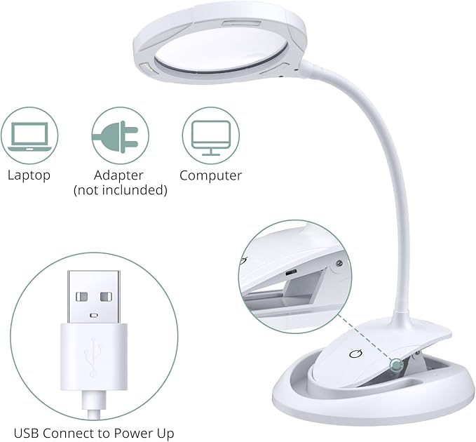 COLFULINE Magnifying Lamp 5X 10X, 2-in-1 Rechargeable Magnifying Glass with Light, LED Magnifying Light with Base & Clamp and Touch Button for Reading, Working, Crafts, 3 Adjustable Brightness