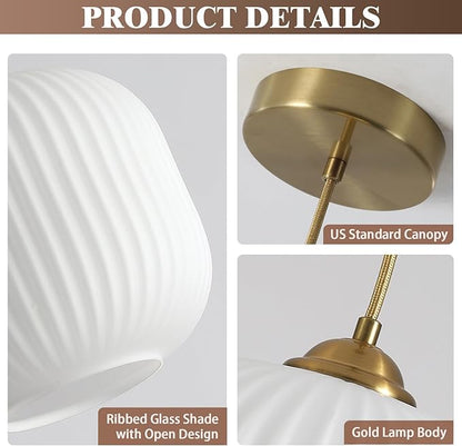 KCO Lighting Modern Brass Gold 7.9” Ribbed White Milk Glass Pendant Light | Adjustable Cord, E26 Small Mid Century Modern Hanging Light for Sloped Ceiling Kitchen Island Dining Room Bedroom Entryway