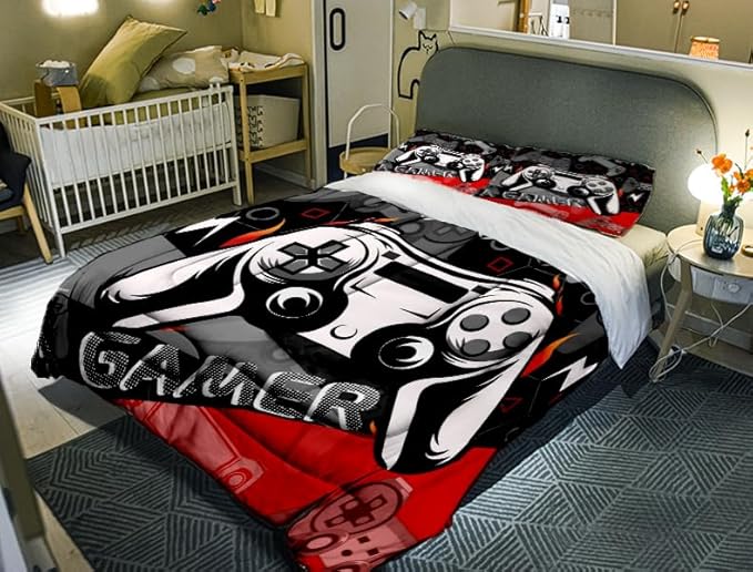 Sunnycitron Red Gamer Comforter Set for Boys Gaming Bedding Set Teens Game Room Decor Queen (1 Comforter + 2 Pillowcase)