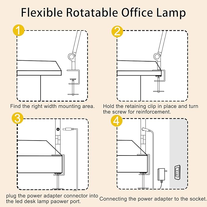 LED Desk Lamp with Clamp Flexible 4 sections Swing Arm Three light sources desk light, 4 Color Modes & 5 Brightness, Eye Caring Led table light with Memory Function for table lamps for office