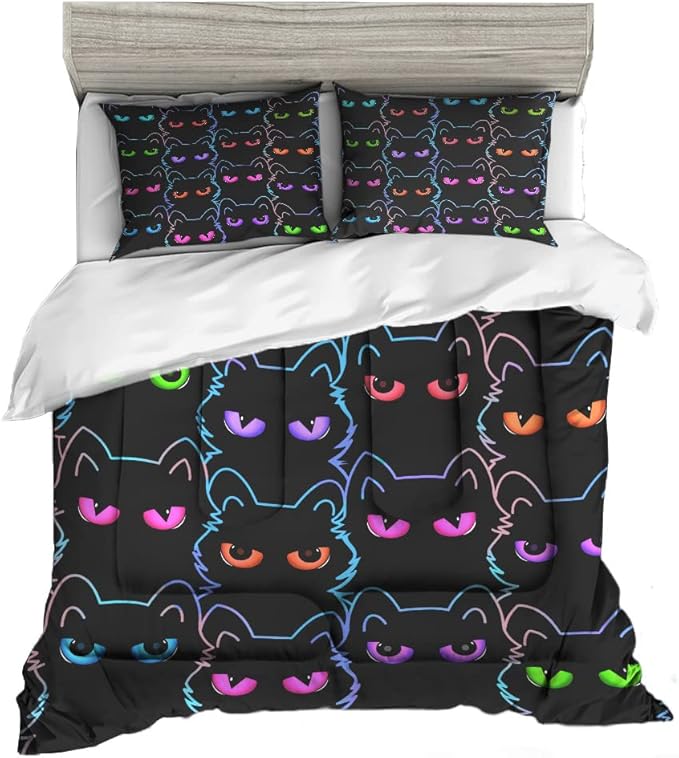 Sunnycitron Cartoon Cat Bedding Cute Cat Comforter Twin Black Cat Comforter set Gradient Line Cat Quilt 3D Neon Cat Bed set Black Cat Bedding set for Teens Kids Boys Girls Adults