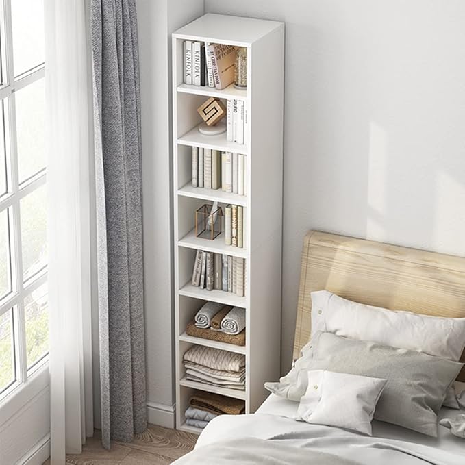 IOTXY Small Narrow Corner Bookcase - 47 Inches Tall Gap Freestanding Storage Cabinet, 5 Lattices Open Shelves Tower Rack, Cubes Bookshelf in White