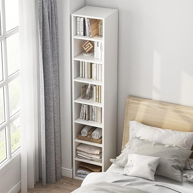 IOTXY Small Narrow Corner Bookcase - 59 Inches Tall Gap Freestanding Storage Cabinet, 6 Lattices Open Shelves Tower Rack with Door, Cubes Bookshelf in Oak