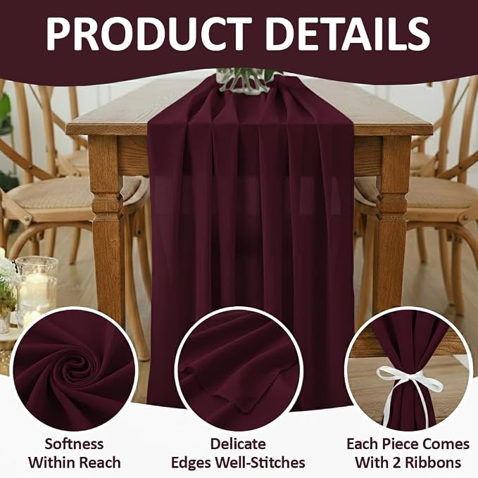 Pack of 2 | Burgundy | 14ft Chiffon Table Runner 29x170 Inches Long Romantic Rustic Sheer Gauze Runner for Wedding Bridal Shower Birthday Banquets Engagement Spring Easter Boho Decorations