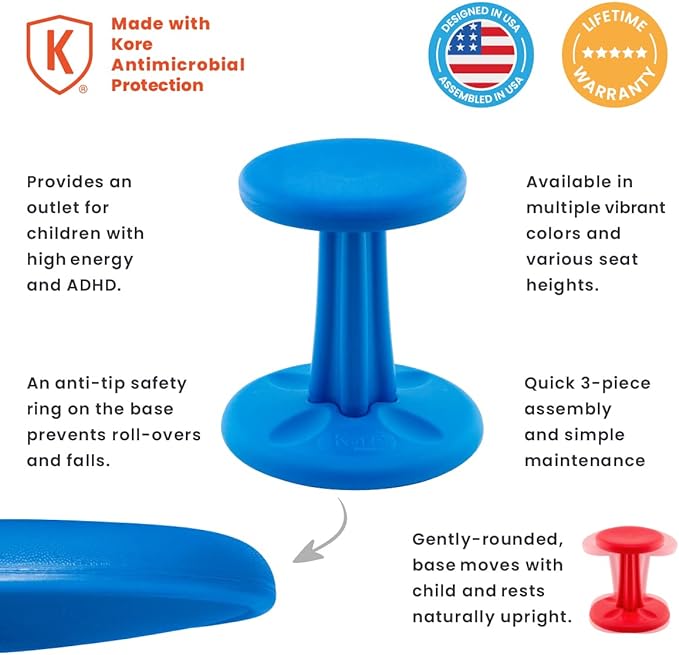 Kore Kids Wobble Chair - Flexible Seating Stool for Classroom & Elementary School, ADD/ADHD - Made in The USA - Age 6-7, Grade 1-2, Blue (14in)