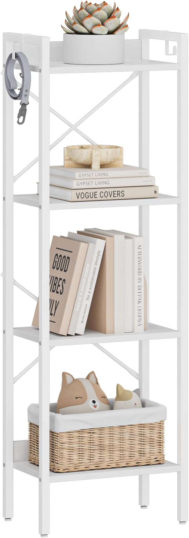 Bookshelf, Book Shelf, Industrial Bookcase with 2 Hooks, Coner Shelf Storage Organizer for Home Office, Living Room, Bedroom, Kitchen, 4-Tier White BC10413W