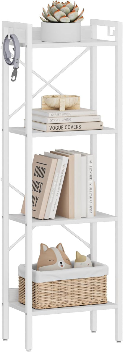 Bookshelf, Book Shelf, Industrial Bookcase with 2 Hooks, Coner Shelf Storage Organizer for Home Office, Living Room, Bedroom, Kitchen, 4-Tier White BC10413W