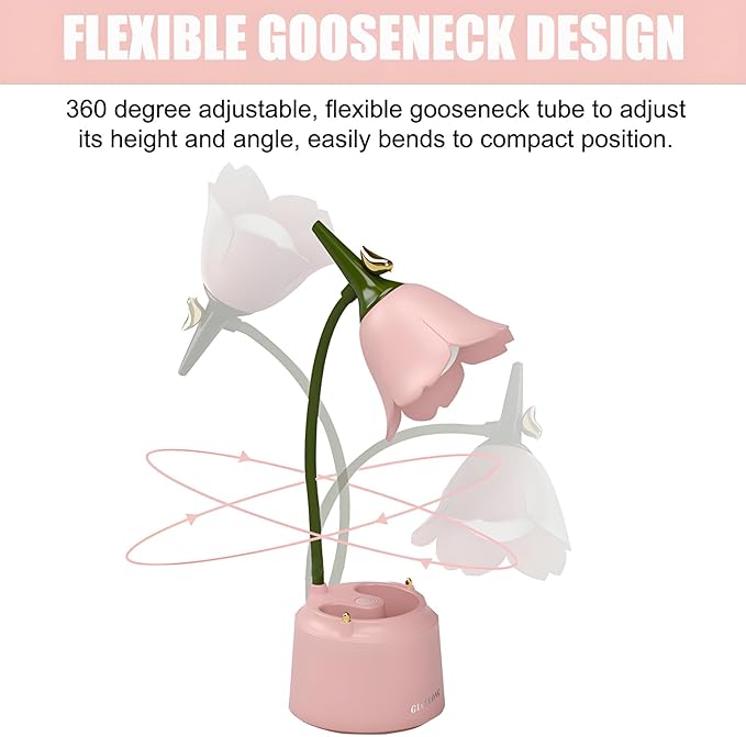 Cute LED Desk Lamp Kawaii Desk Accessories, Flower Bird Table lamp USB Rechargeable, 3 Color Modes, Stepless Dimming, Touch-Sensitive Switch Kawaii Room Decor Lamp, Eye Caring Reading Lamp (Pink)