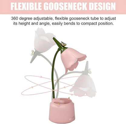 Cute LED Desk Lamp Kawaii Desk Accessories, Flower Bird Table lamp USB Rechargeable, 3 Color Modes, Stepless Dimming, Touch-Sensitive Switch Kawaii Room Decor Lamp, Eye Caring Reading Lamp (Pink)