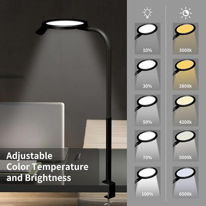 QINER LED Desk Lamp, Eye Protection Desk Light with Sunshade Touch Control Table Lamp Gooseneck Task Lamp 25 Lighting Effect Modes Clamp Lamp for Office Workbench Drafting Live Streaming