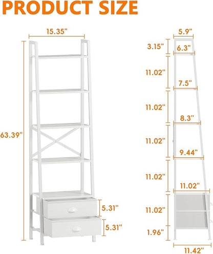 Furologee 5-Tier Ladder Shelf with 2 Drawers,Narrow Bookshelf Storage Shelves,Industrial Bookcase Freestanding Shelf Units for Bedroom,Living Room,Bathroom,Home Office,Balcony,Wood Metal, White
