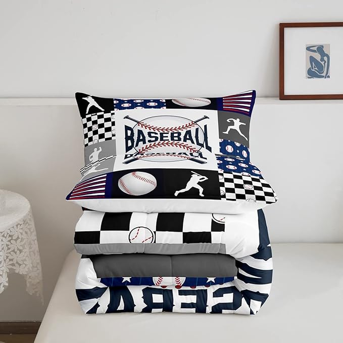 Kids Baseball Comforter Set Full Size Bed,Teen Boys Sports Baseball Bedding Set Sport Baseball Quilt Set Patchwork Geometric Checkered Soft Lightweight Comforter Balck White Navy Blue 2 Pillowcases