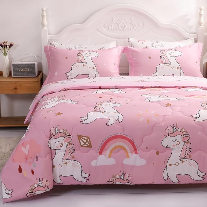 Wajade Kids Pink Unicorn Comforter Set Bed in A Bag Full Size 7 Piece Cute Unicorn Rainbow Clouds Bedding Set for Girls (1 Comforter, 1 Flat Sheet, 1 Fitted Sheet, 2 Pillowcase and 2 Pillow Sham)