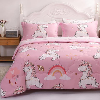 Wajade Kids Pink Unicorn Comforter Set Bed in A Bag Queen Size 7 Piece Cute Unicorn Rainbow Clouds Bedding Set for Girls (1 Comforter, 1 Flat Sheet, 1 Fitted Sheet, 2 Pillowcase and 2 Pillow Sham)