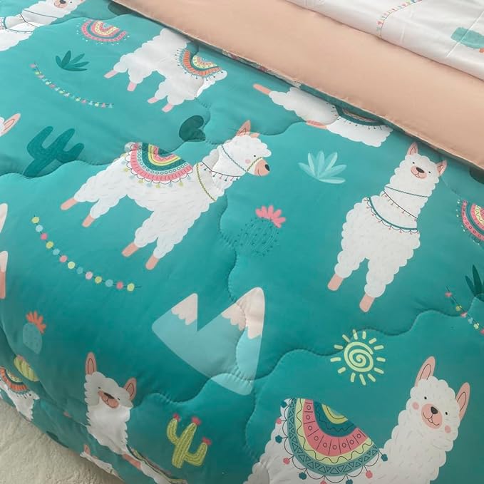 Wajade Kids Cute Llama Comforter Set Bed in A Bag Full Size 7 Piece Green Alpaca Tropical Plant Bedding Set for Girls Boys (1 Comforter, 1 Flat Sheet, 1 Fitted Sheet, 2 Pillowcase and 2 Pillow Sham)