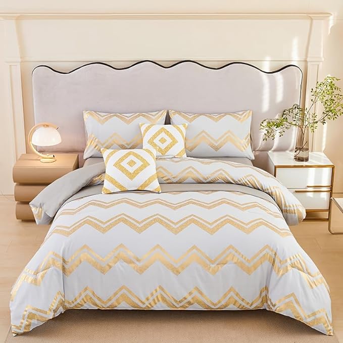 7PCS Gold and Grey Comforter Set,Gray Comforter Set Queen Size,Metallic Blush and Grey Bedding Set Queen,Bed in A Bag Queen for Teen Girls Women,Bedroom Decoration Queen 7Pcs