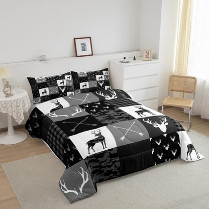 Deer Silhouette Comforter Set Queen Size,Camo Western Rustic Farmhouse Xmas Bedding Set 3pcs for Kids Teens Home Room Decor,Antlers Arrow Geometric Quilt Set,Black Grey Duvet Insert,2 Pillowcases