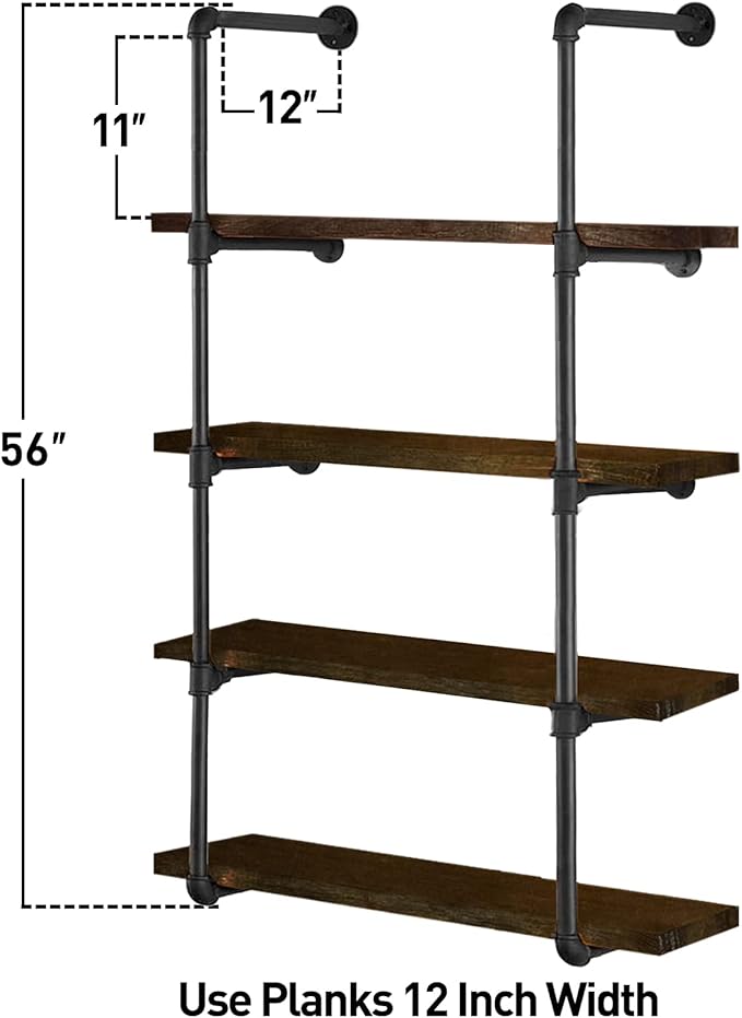 HITOMEN Industrial Iron Pipe Shelves, 2 Set 5-Tier, 56" Tall, 12" Depth, DIY Open Bookshelf Bookcase, Wall Mounted Vintage Retro Shelving, Rustic Farmhouse Pantry Kitchen Storage, Black Shelf Brackets