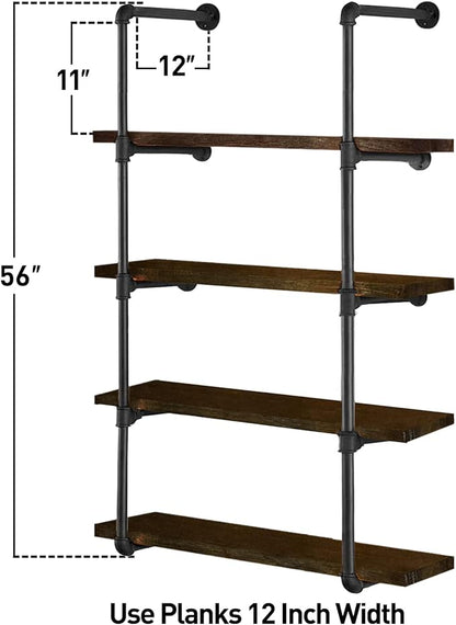 HITOMEN Industrial Iron Pipe Shelves, 2 Set 5-Tier, 56" Tall, 12" Depth, DIY Open Bookshelf Bookcase, Wall Mounted Vintage Retro Shelving, Rustic Farmhouse Pantry Kitchen Storage, Black Shelf Brackets