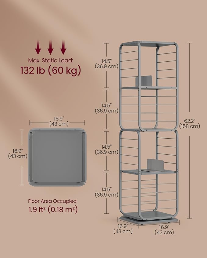VASAGLE 4-Tier Rotating Bookshelf, Bookcase with Bookends for Small Spaces, Corner Shelf, Steel Frame, Dove Grey ULLS127G36