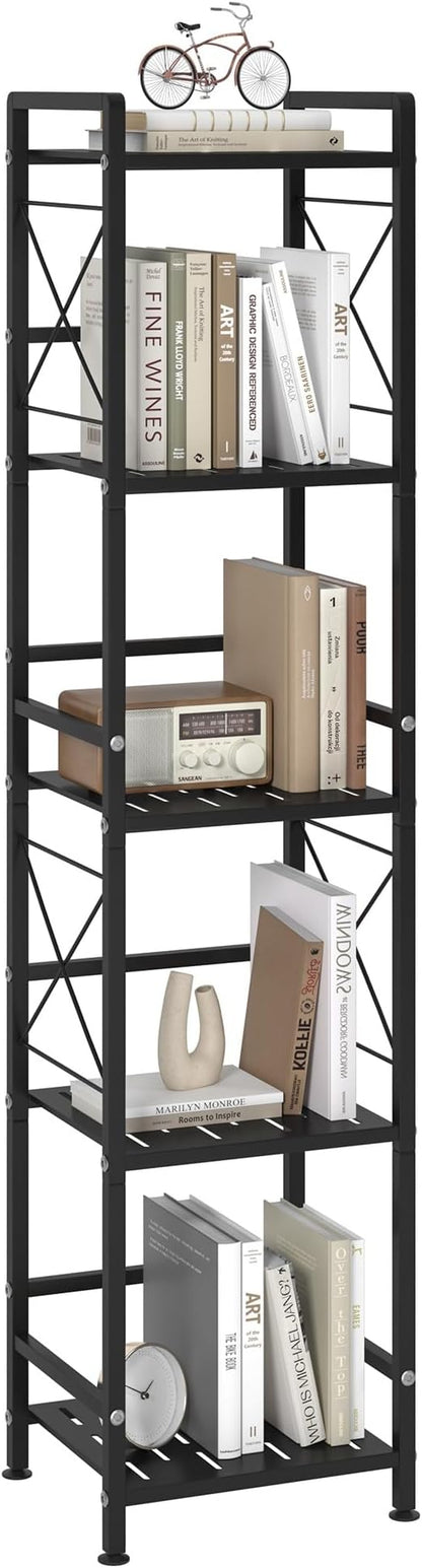 JSB 5 Tier Metal Bookshelf Bathroom Storage Standing Shelf Unit Kitchen Storage Organizer Display Rack Bookcases Shelves for Living Room, Bedroom, Office (Black, 5 Tier)